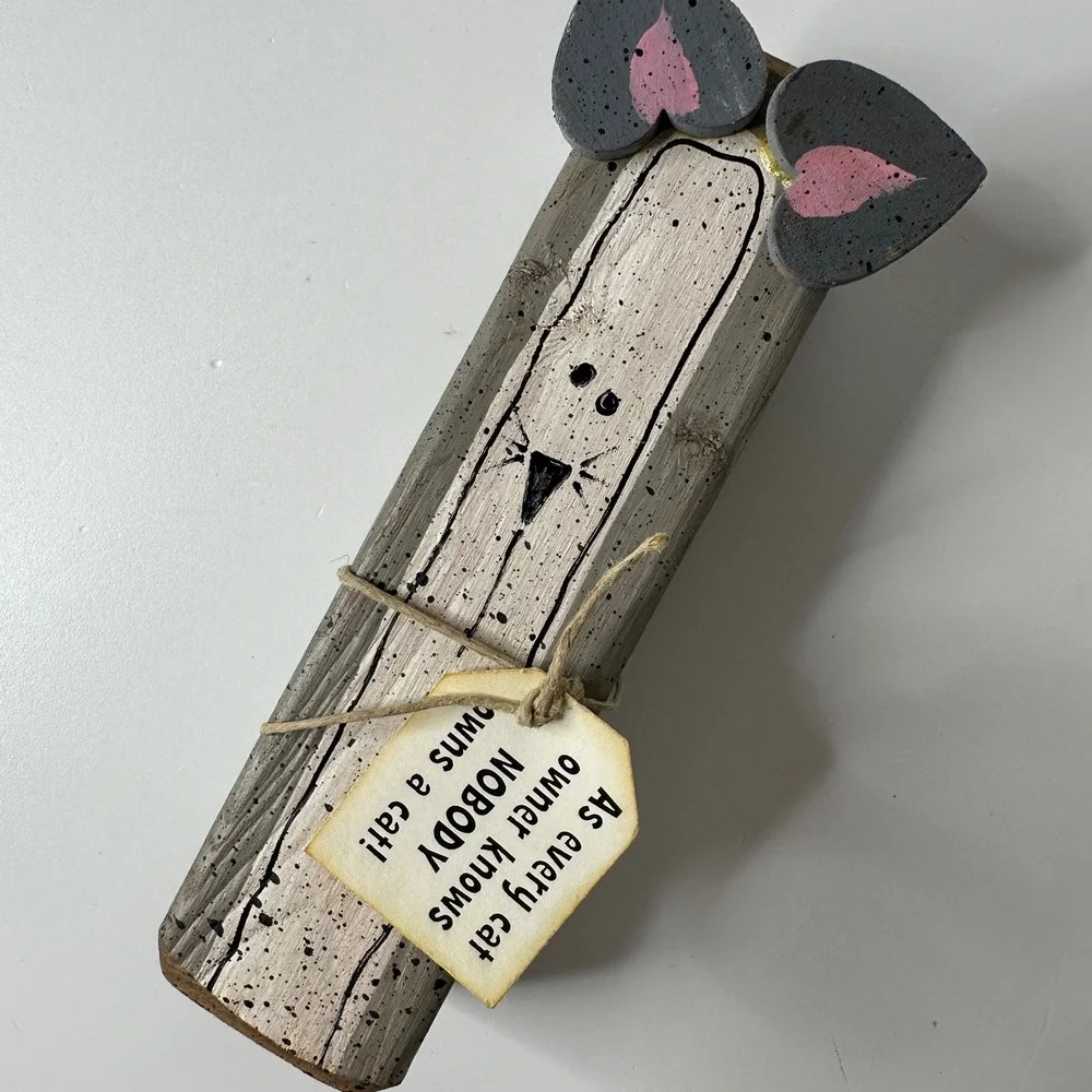 2 Rustic Wood Block Cat Figurines Hand Painted‎ Primitive Folk Art Decor Gift